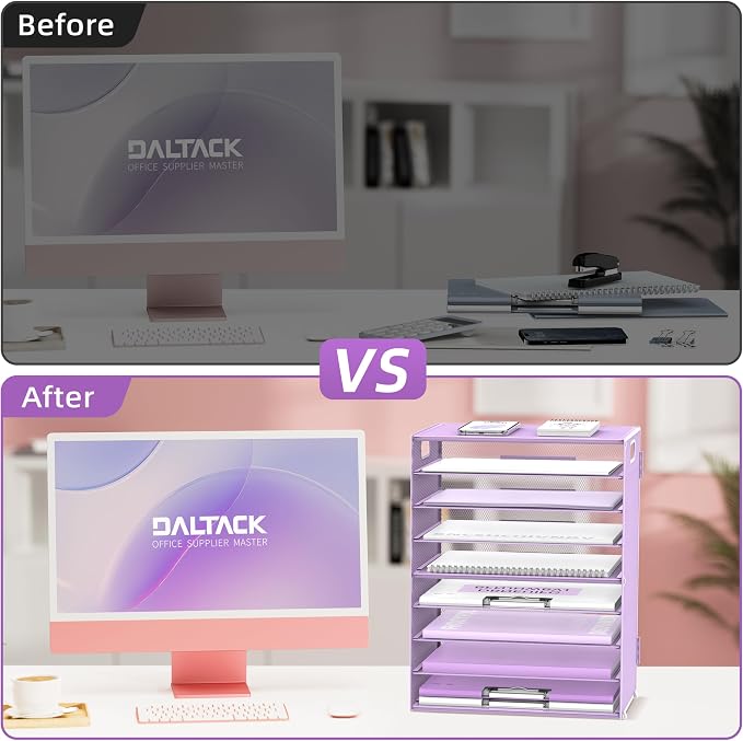9-Tier Paper Organizer for Desk, Metal Letter Tray with Handles, Purple | Desk File Organizer with Removable Trays for Sorting Files, Folders, Mail and Printer Paper at Home, School or Office
