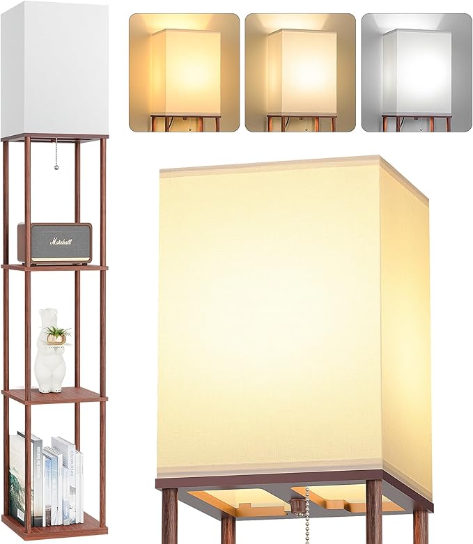 Floor Lamp with Shelves, 3-Tier Modern Square Bookshelf Standing Lamp Brown | 3 Color Temperature Bulb Included, Pull Chain Tall Lamp for Living Room Bedroom Corner Office Apartment Decor