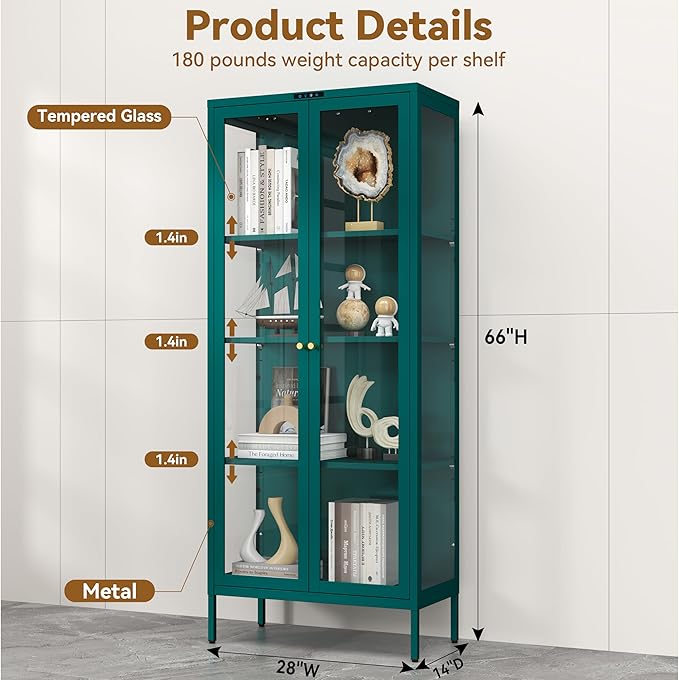 Polup 66" Green Glass Display Cabinet with 8-Color LED for Plants | Metal Frame & Tempered Glass Doors, Motion Sensor LED, 4-Tier Space, 3 Adjustable Shelves, for Indoor Plants & Figures