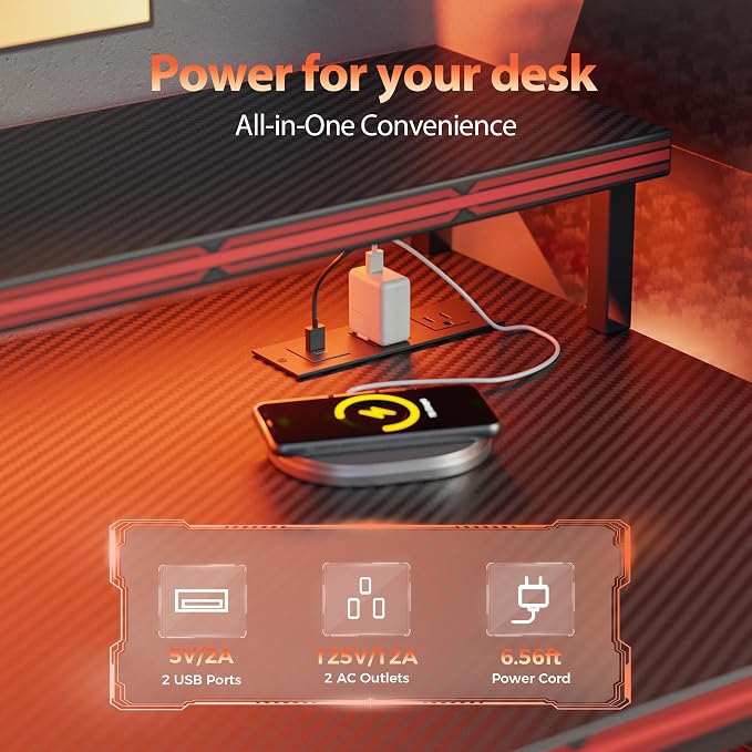 52 inch Gaming Desk with Drawers, Reversible Computer Desk, Black | Gamer Desk with LED Lights, Power Outlets & Monitor Stand, Large Office Table for Home Bedroom Study Work Writing