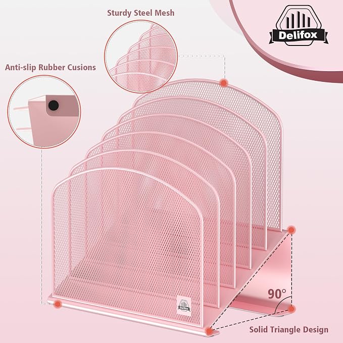 Delifox Inclined Desk File Organizer,Vertical File Folder Holder Stand Metal Rack File Sorter for Office Classroom Desktop Organization (1, Pink, 5)