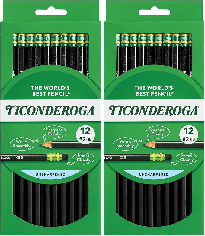 Ticonderoga Pencils, 2 HB Soft, Black | Wood-Cased | Unsharpened | 24 Count Total