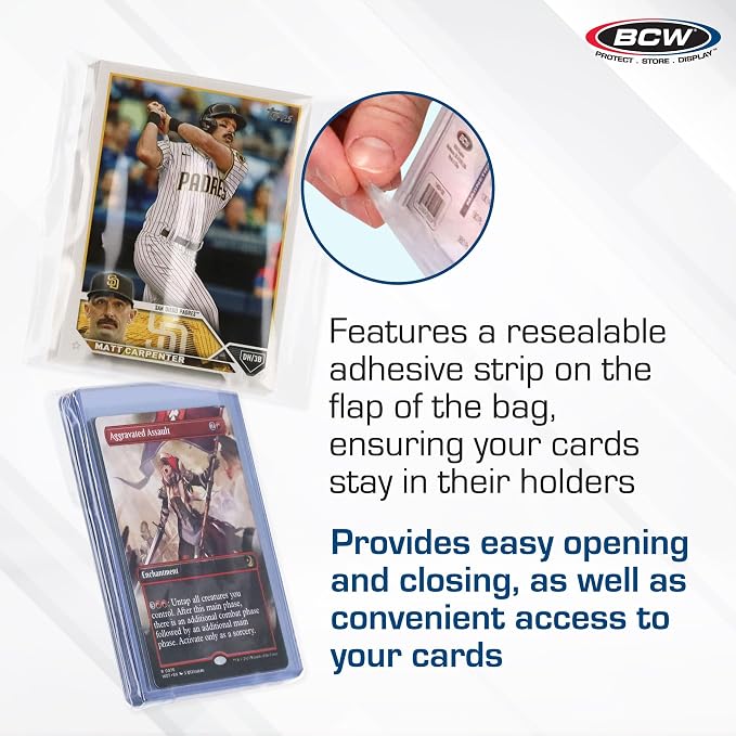 BCW Resealable Team Set Bags for Trading Cards, 100 Count | Holds up to 35 loose cards, 5 standard 35 pt toploaders, or magnetics up to 108 pt with an adhesive flap closure.