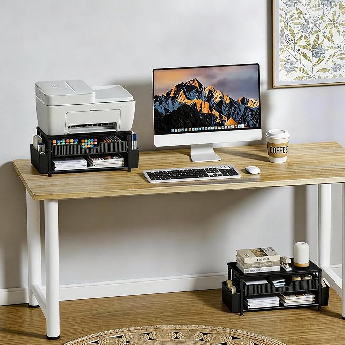 Printer Stand for Desk, Desk Organizer with Storage, Desktop Printer Table for Home Office, Multi-Purpose for Home Printer, Fax Machine, Scanner, Die-Cut Machine (Black)