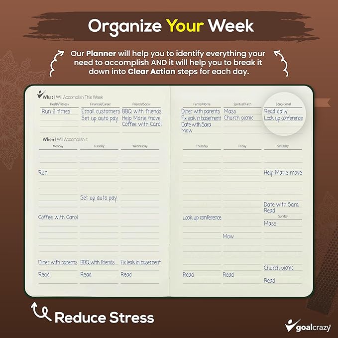 Undated Daily Planner to Achieve Your Goals 2025-2026 - 90 Day Guided Journal & Productivity Organizer with Goal Setting, Habit Tracker, To Do List, Academic & Work Calendar, Leather Hardcover - Brown