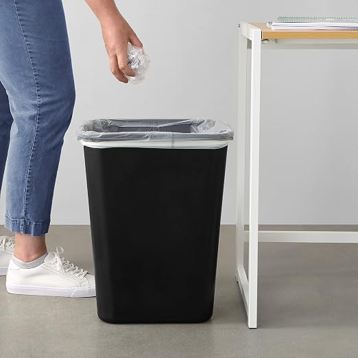 Amazon Basics Rectangular Plastic Office Wastebasket, Easy to Clean,15.5"L x 11.5"W x 20"H, 10 Gallon, Black, 2-Pack