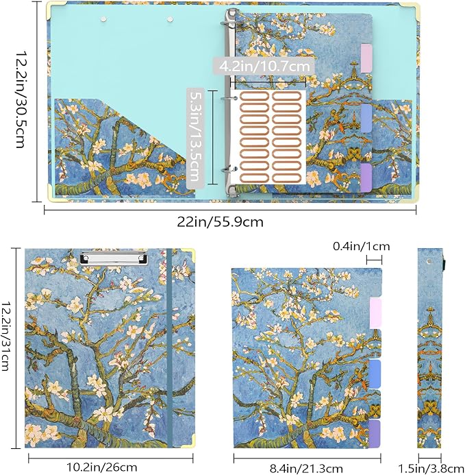 Almond Tree 3 Ring Binder - 1 Inch Round with 6 Tab Dividers, 2 Interior Pockets, Cute Clipboard for School & Office