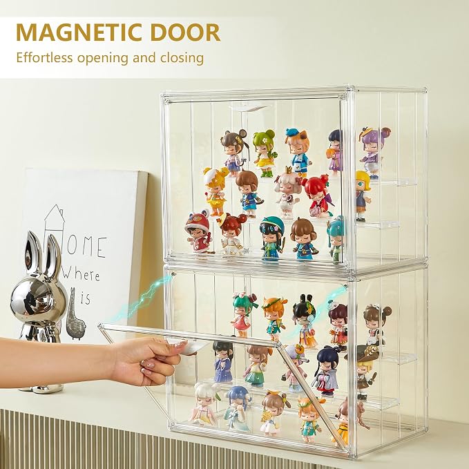 3 Layer Acrylic Display Case Stackable Clear Box for Collectibles,2 Pack | Removable Adjustable Partitions & Magnetic Door,Interlocking Stable Design,Dustproof Cover for Figurine Storage
