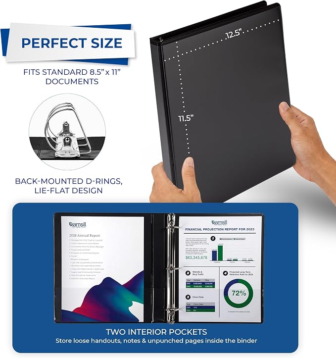 Samsill Durable 0.5 inch 3 Ring Binder, D Ring Binder,100% Recycled Chipboard, Black