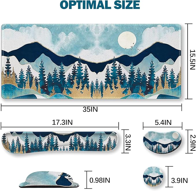 Large Gaming Mouse Pad Set, Keyboard Wrist Rest Support + Mouse Wrist Cushion + Extended Mousepad + Coaster, 35x15.5in Multifunctional Desk Mat, Abstract Mountain