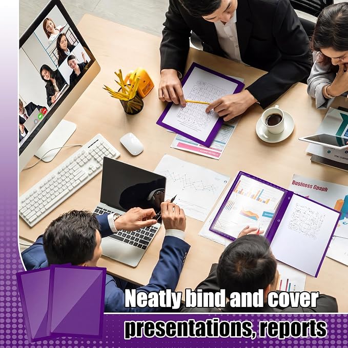 Teling 36 Pcs Report Covers with 3 Prong Fasteners Clear Front Presentation Folders Frame View Poly Report Folder Presentation Binder for Paper Document School Office (Dark Purple)