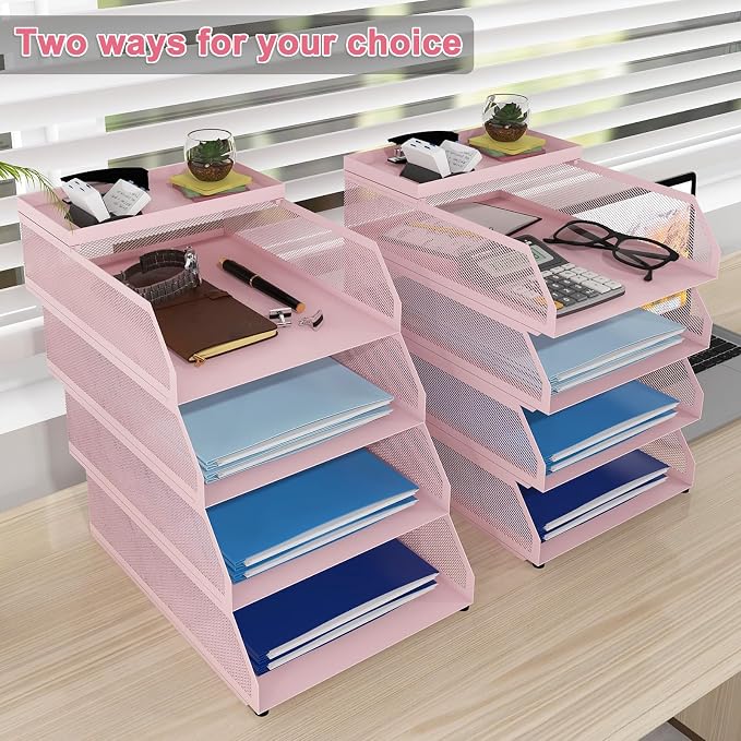 Natwind 4-Tier Stackable Metal Mesh Desk Paper Tray Organizer,Pink | Desktop Accessories for Office Supplies, Letter Tray For Paper Storage ,File Document Holder For Home School Classroom