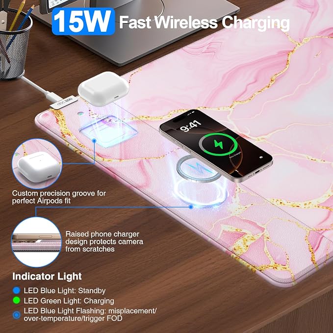 Pink Marble Mouse Pad with 15W Wireless Charging, 31.5"x15.8" in | Large Gaming Desk Pad/Mat for Women Girls, Waterproof Ultra-Smooth Surface, Non-Slip Base