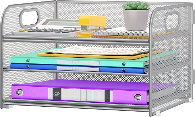 Cawukege 3 Tier Paper Organizer with Handle, Metal Desk Organizer Mesh Paper Letter Tray Desktop File Folder Document Sorter for Classroom, School, Office Accessories Storage (1, Silver)
