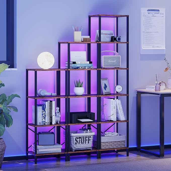 JARHETUN 5-Tier Bookshelf, Tall Narrow Bookcase with LED Lights, Book Shelf with Steel Frame, Office Furniture, Display Storage Shelf for Living Room, Bedroom, Study, Balcony, Rustic Brown