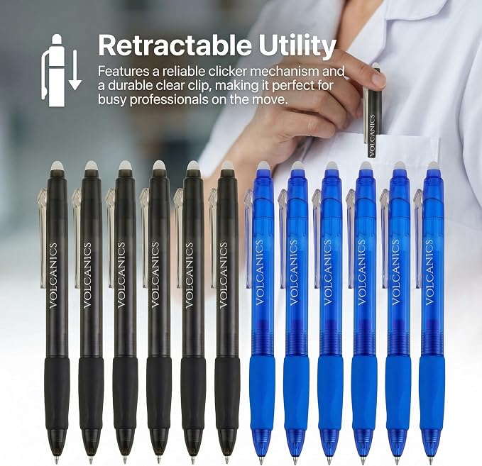 Volcanics Retractable Clicker Erasable Gel Pens - 0.7mm Ball Point, Heat Erase with Built-in Eraser, 36 Pack Blue and Soft Black