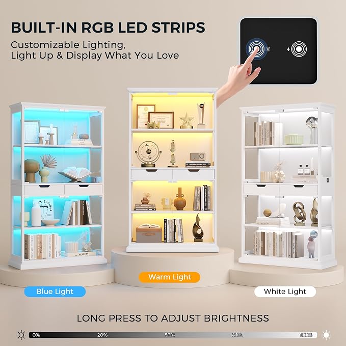 Jocoevol Display Cabinet with Glass Doors, 4-Tier Curio Cabinet with with 2 Drawers for Collectibles, Modern Glass Display Case Human Body Sensor & RGB Lights for Living/Game Room (White)