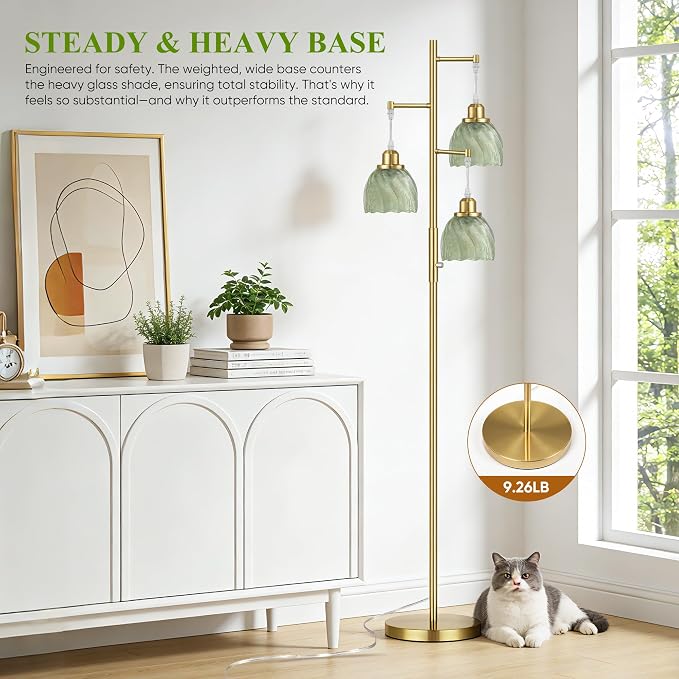 ROTTOGOON Dimmable Gold Floor Lamps for Living Room, Vintage Tree Standing Lamp with Glass Shades, 3 Light Mid Century Flower Floor Lamps for Bedroom, Office, 6W, Brushed Gold & Green Shades