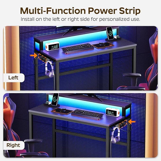 Small Computer Desk with Charging Station and LED Lights, Gaming Desk with Monitor Stand, 2-Tier Home Office Desk with 4 Side Hooks, for Living Room, Home Office, Black DN01UDBBY2