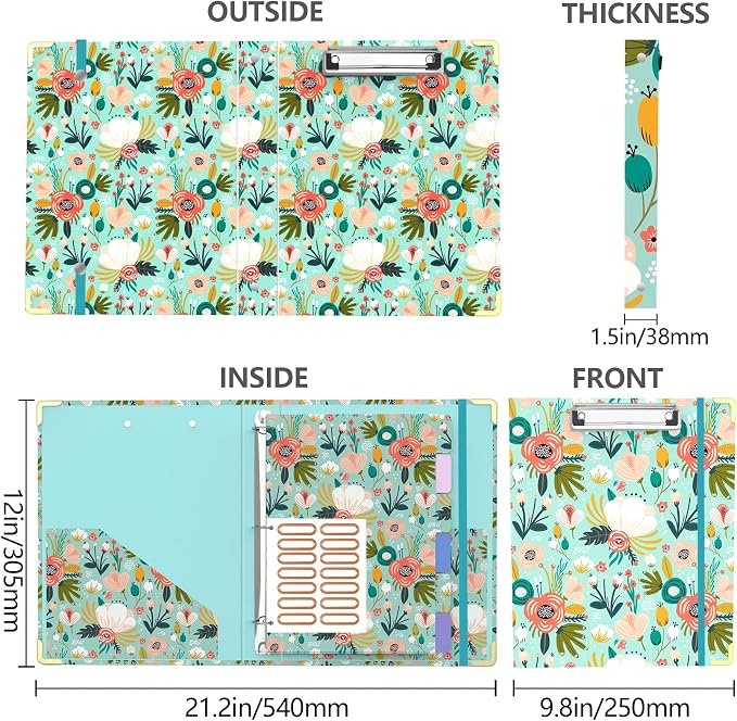 3 Ring Binder 1 Inch, Cute Round Ring Binders with 6 Tab Dividers, Labels Stickers, Low Profile Clipboard with Storage, Fashion Binder School Office Supplies(Green Floral)