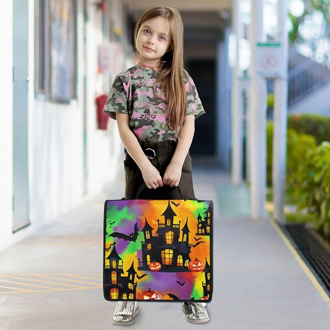 3 Ring Zipper Binder Spooky Haunted House Binder Organizer Portfolio with File and Shoulder Strap & Handle Large Capacity File Folder
