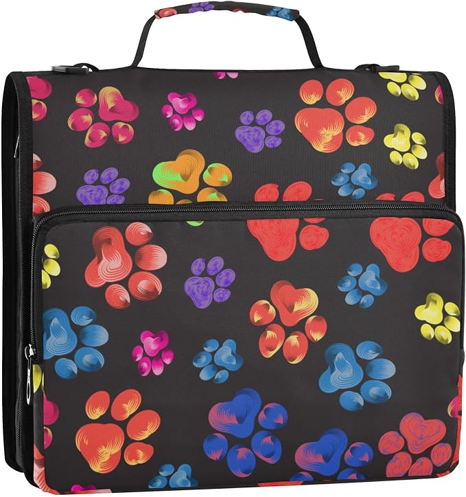Fisyme Rainbow Dog Paw Print Zipper Binder 3 Ring with Zipper and Shoulder Strap Large Capacity Multi-Pocket Zipper Binder Organizer