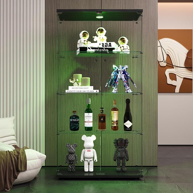 FLYMUHJIA 4-Shelf Tempered Glass Display Cabinet with LED & Lockable Double Doors, Black Curio Cabinet for Collectibles, Easy to Install