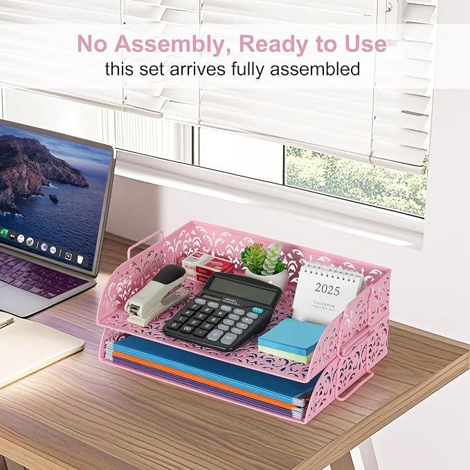 EasyPAG Paper Organizer for Desk 2 Tier Stackable Paper Tray for A4 Legal Size Folders Metal File Storage Desktop Organizer for Home Office School Teacher, Pink