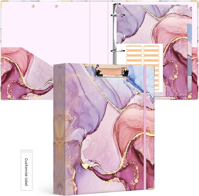 Ospelelf 3 Ring Binder 1.5 Inch, Pink Clipboard Organizer for Letter Size Documents (11" x 8.5") with 5 Tab Dividers, File Folder Labels, Paper Marble Binders for School and Office Supplies