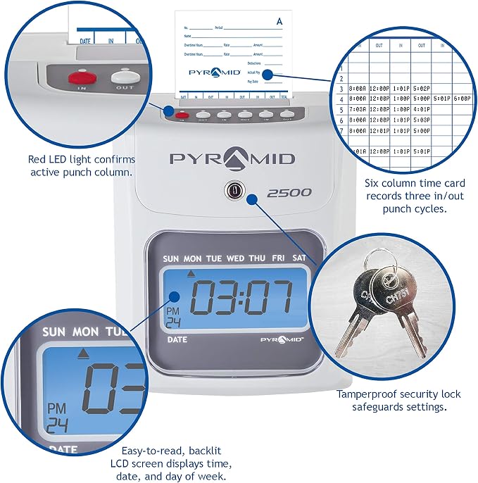 Pyramid Time Systems - 2500 Auto-Aligning Time Clock Bundle [2500K1] | Employee Time Clock, for Small Business, System With 100 Time Cards, 2 Ribbon Cartridges, 10-Slot Rack & Security Keys