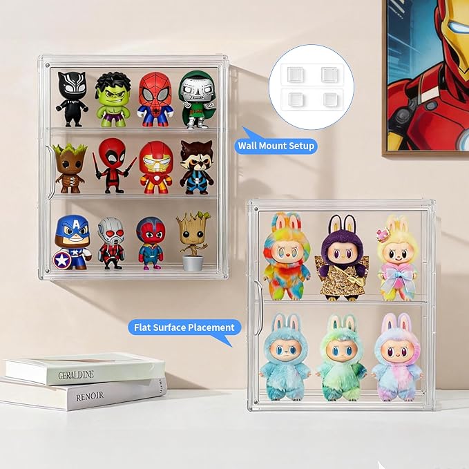 3-Tier Clear Acrylic Display Case for Figures, Wall-Mounted | Magnetic Door, 2 Removable Plates, Stackable Design, High Transparency Box, Display Cases for Collectibles