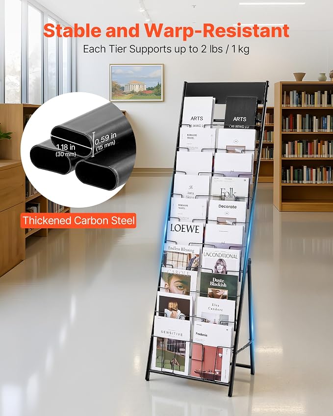 VEVOR Brochure Display Rack, 20 Pockets Magazine Literature Display Stand, Portable Floor Standing Magazine Rack, Metal Newspaper Catalog Holders for Shop, Exhibitions, Office, Trade Show, Black