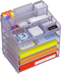 Docnest 5 Tier Mesh Desk Organizer with Letter Tray & Paper Sorter, Purple | Features 3 built-in pen holders & 5 adjustable compartments on top. Includes 4 non-slip rubber feet for desk protection