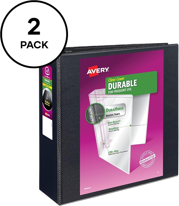 Avery Durable Clear View 3 Ring Binders, 4 Inch Binder Rings, 2 Black Binders (09204)