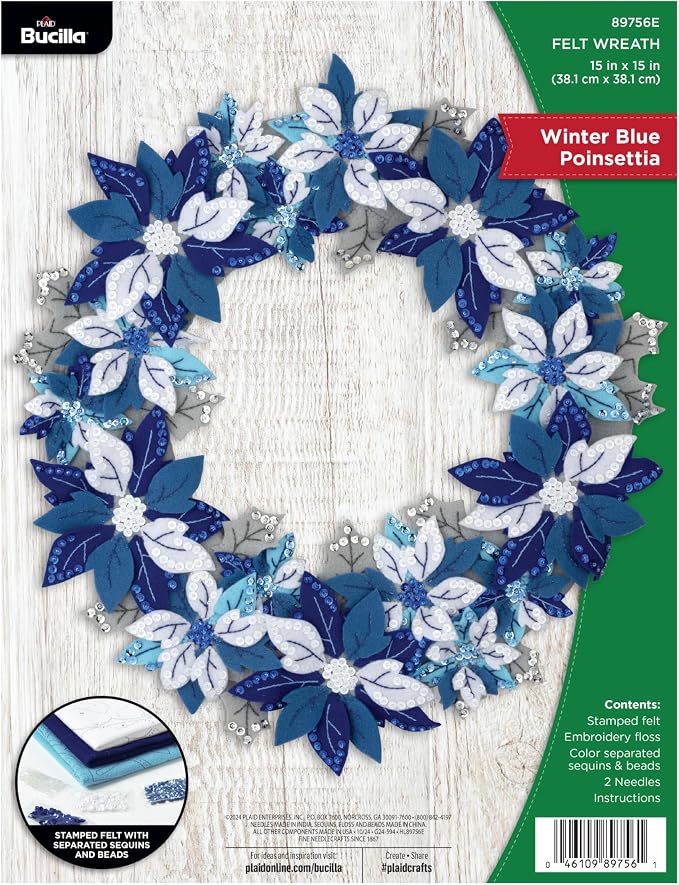 Bucilla Felt Applique Wreath Making Kit, Winter Blue Poinsettia, Perfect for DIY Arts and Crafts