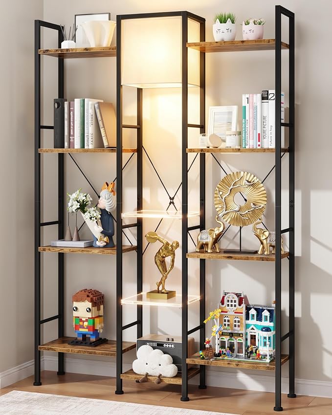 AFLUI Triple 4 Tier Industrial Bookshelf with Light, 11 Shelves | 2 Acrylic and Light for Better Display, Wide 3 Column Open Storage Fits Book or Decor, Industrial Metal Frame for Living Room