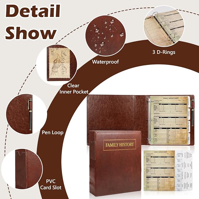 3 Ring Family History Binder 50 Sheet 12th Generation Family Group Sheets 16 Sheets Genealogy Binder Dividers Family Tree Charts to Fill in with PVC Pocket Pen Loop Brown