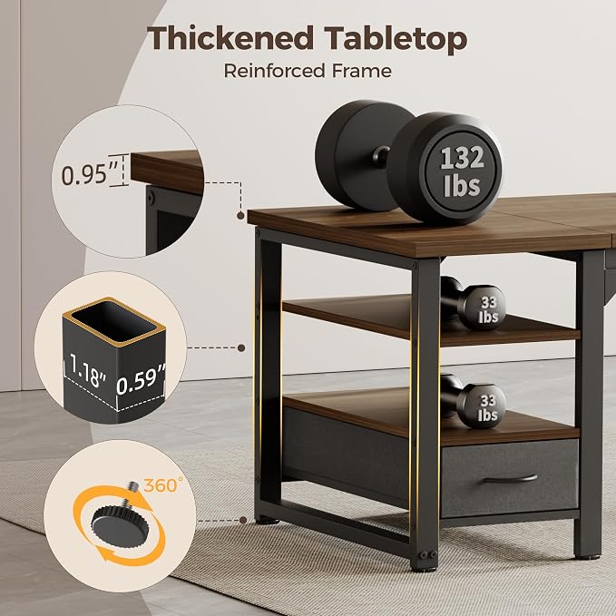 48 in Computer Desk with Drawer, 1" Thick Reversible Office Desk | Modern Writing Table with Storage Shelves, Heavy Duty Industrial Study Desk for Home Bedroom Work