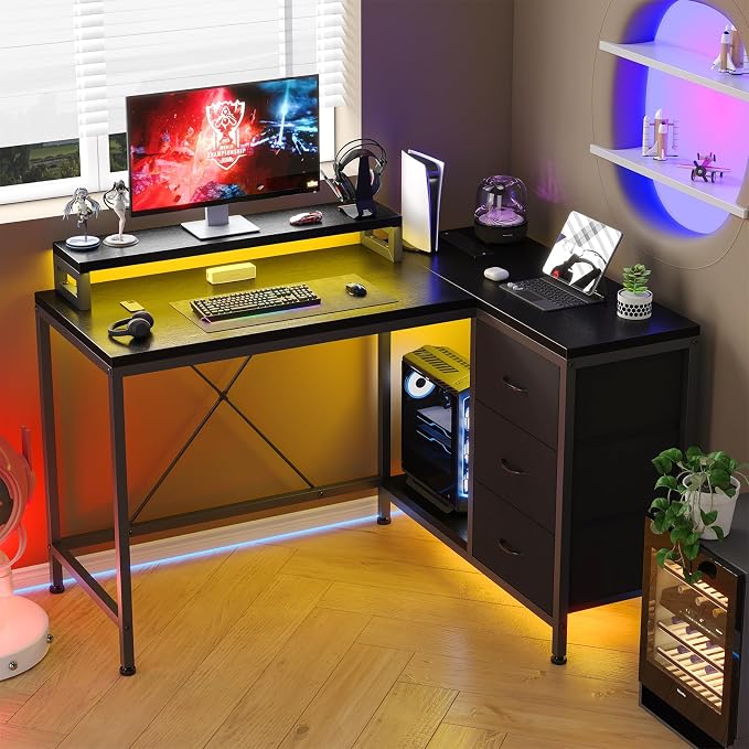 Garvee L-Shaped Computer Desk with Power Outlets & LED Lights - 43-Inch Reversible Corner Gaming Desk with 3 Drawers, Storage Shelves & Removable Monitor Stand, Modern Home Office Desk