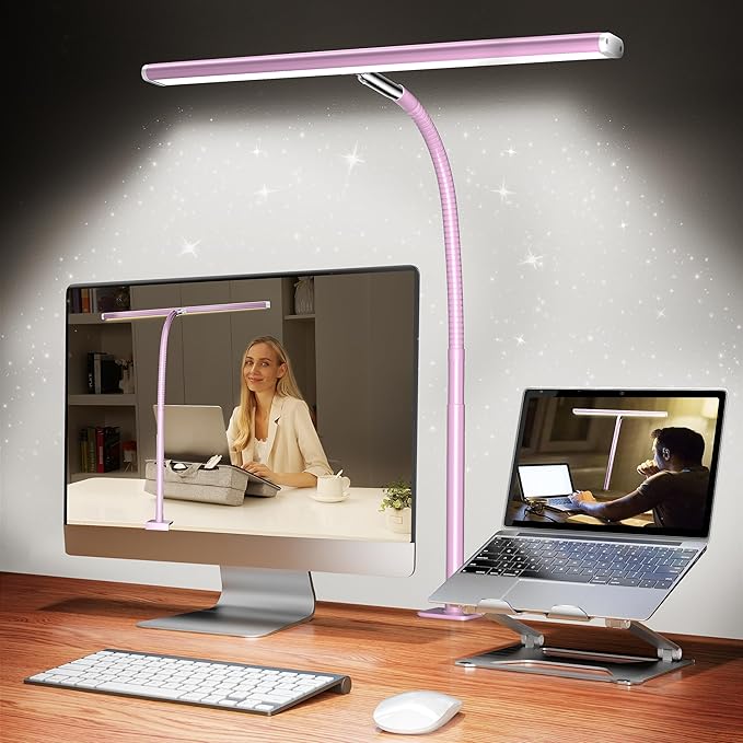 Airlonv LED Desk Lamp with Clamp, 17" Stepless Dimming Light (Pink) | 2700K-6500K, 100 LEDs, 360° Gooseneck, Fits Up to 30" Monitors, Flicker-Free Lighting for Home Office, Study& Workbench