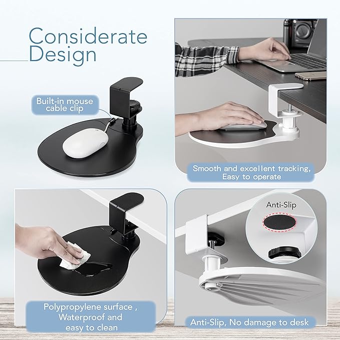 EHO Clamp on Mouse Platform, Clip on Pad Rotating 360 Degree, Ergonomic Mouse Tray Attachment, Mouse Pad, Slide Out Tray, Suitable for 1.5" Thickness Desk, for Home Office Desk Organizer (Platinum)