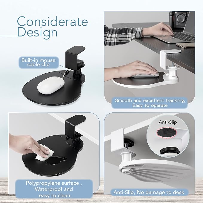 EHO Clamp-On Under Desk Mouse Tray, 360° Swivel Ergonomic Platform with Cable Organizer, Smooth Glide Surface for Gaming or Office, Fits Desks 0.5"-1.5" Thick, Tool-Free Install, TAA-Compliant