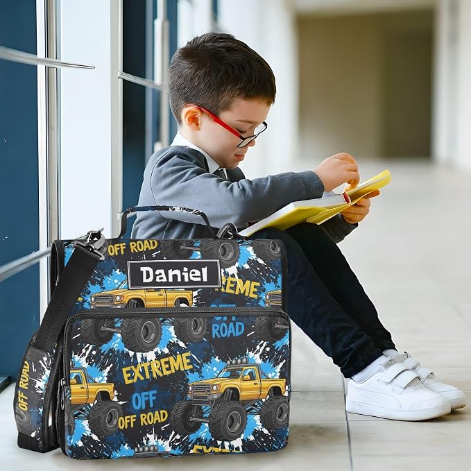 Custom Truck Black Blue Pattern 3 Ring Zipper Binder with Shoulder Strap & Handle 1.5 Inch D-Ring Zippered Bag with Multiple Pocket, Personalized Binder Organizer for School or Office