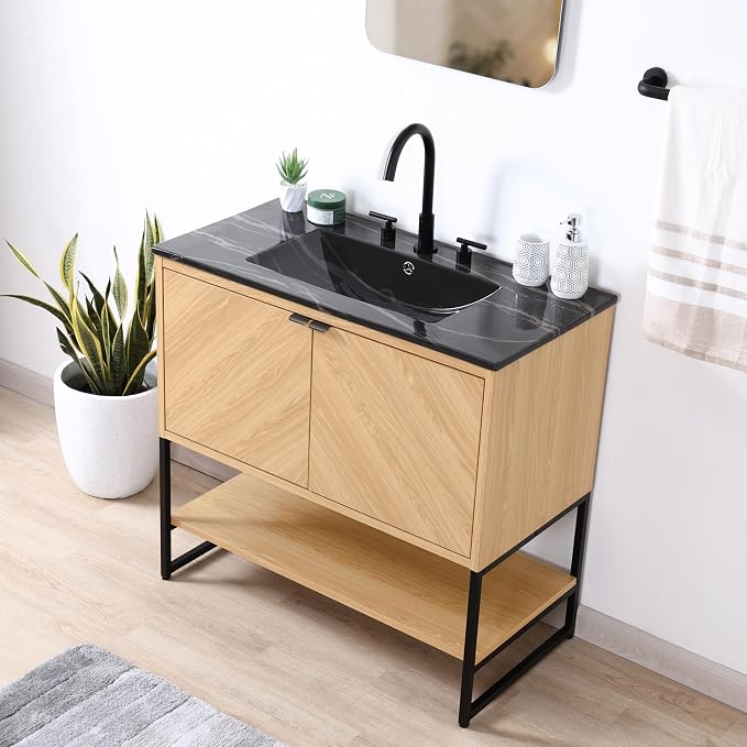 JONATHAN Y Juhl 35" Chevron Freestanding Bathroom Vanity Cabinet, Oak | Modern Minimalist Design, 18" Deep 33" Tall, 2 Soft-Close Doors, Interior And Open Shelves, Sink Not Included