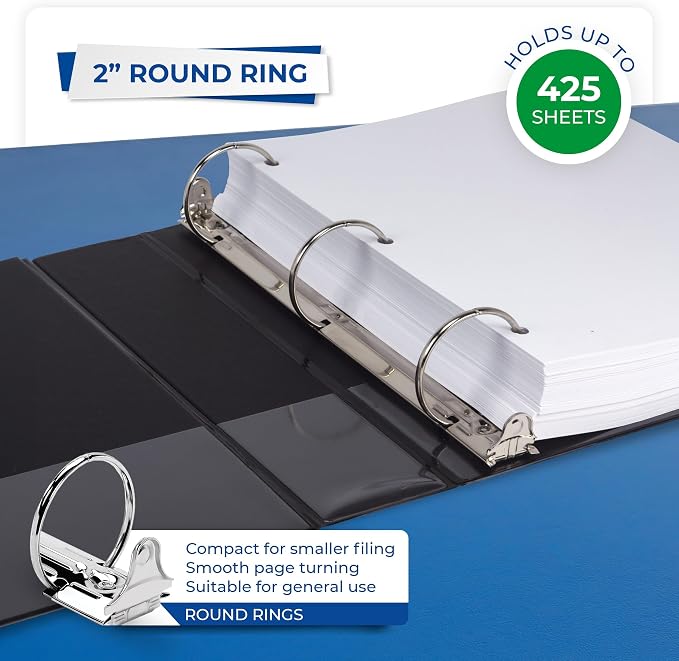 Samsill 2 Inch 3 Ring Binders, Economy Round Ring, Clear View Cover, 425 Sheet Capacity - for School, Home, Office - Black, 6 Pack