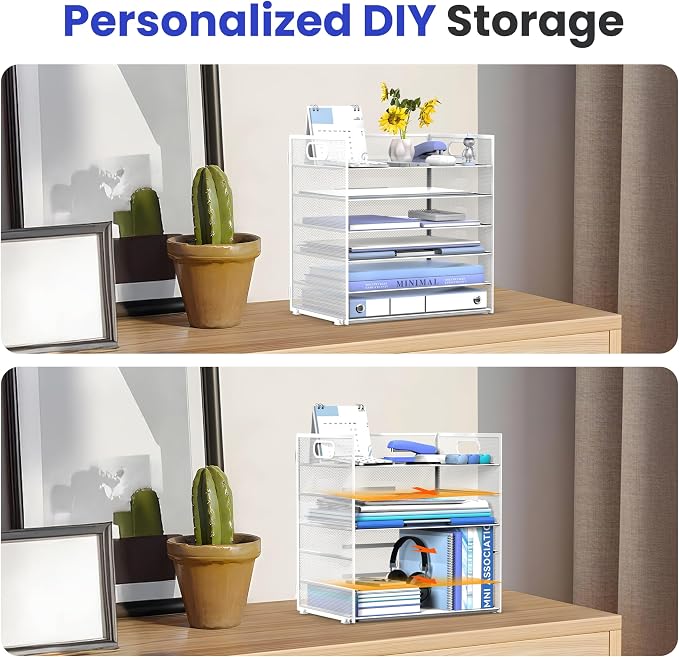 Daltack 6-Tier Paper Organizer for Desk with Handle, White, 2 Pack | Sturdy Metal Mesh Organizer with Movable Middle Trays and a Carry Handle for Papers, Folders and Office Supplies