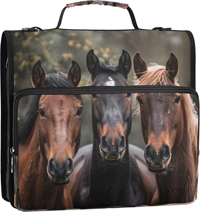 3 Ring Zipper Binder Horses Binder Organizer Portfolio with File and Shoulder Strap & Handle Large Capacity File Folder