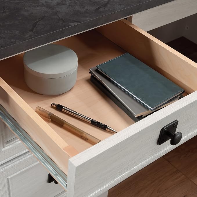 Sauder Palladia L Shaped Desk with Drawers, Office Desk with File Cabinet Storage, Cable Management, Keyboard Tray, in Glacier Oak Finish