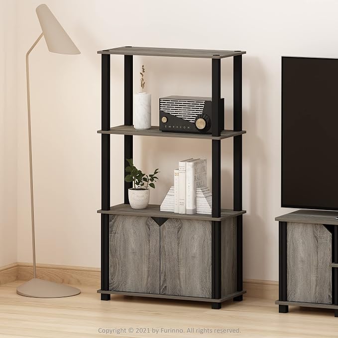 Furinno Go Green 4-Tier Storage Shelves, Book Shelf, French Oak | Open Shelf and Closed Storage, Bookcase, Display Shelf, for Organization and Storage, Living Room, Garage, Home Office