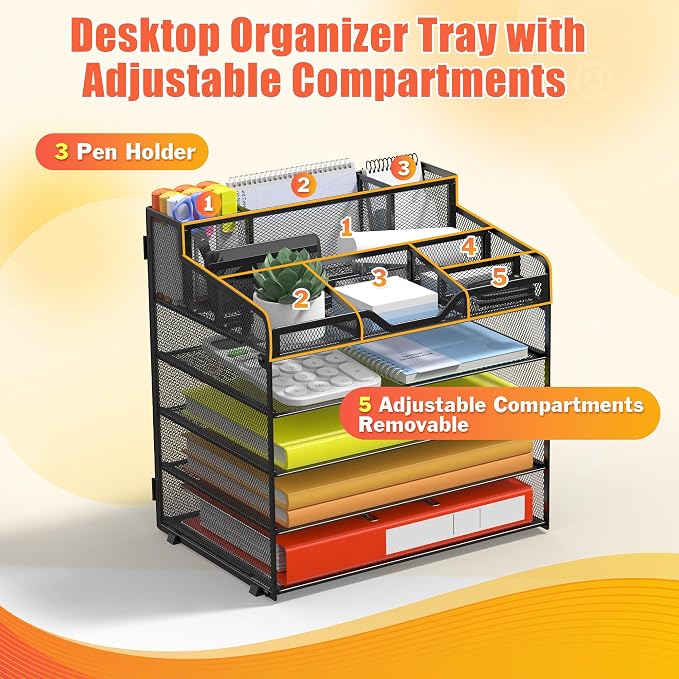 Docnest 5 Tier Mesh Desk Organizer with Letter Tray & Paper Sorter, Black | Features 3 built-in pen holders & 5 adjustable compartments on top. Includes 4 non-slip rubber feet for desk protection